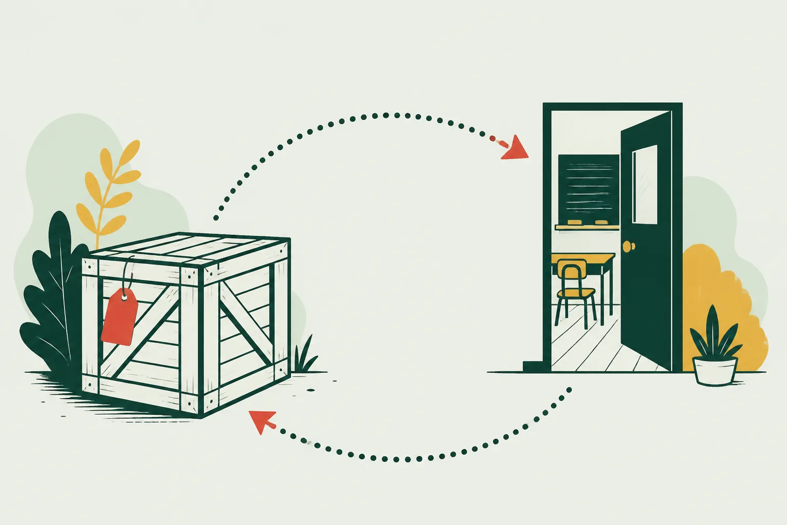 A wooden shipping crate on the left and an open classroom door on the right, joined by a dotted loop of arrows running out and back.