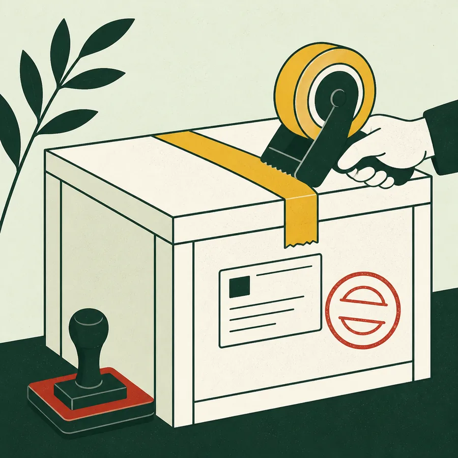 A hand taping a cardboard box shut, with a shipping label and a red stamp mark on the side and a rubber stamp resting nearby.